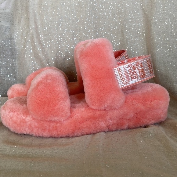 Brand New UGG Fluff Yeah Genuine Lamb Fur Slides Slippers Sparkly Crystal Strap - Picture 6 of 14